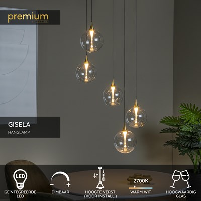 Lucide GISELA - Hanglamp - Ø 48 cm - LED Dimb. - 5x3,8W 2700K - Transparant | Premium